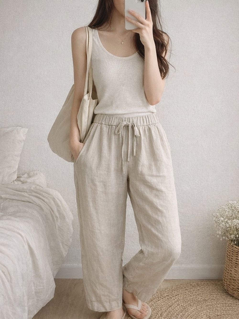 Caslon Wide-Leg Linen-Blend Drawstring Pants in Light Beige
